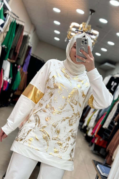 2935 Yaldızlı Boncuklu Takım Beyaz  Beyaz