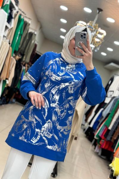 2935 Yaldızlı Boncuklu Tunik Mavi Mavi