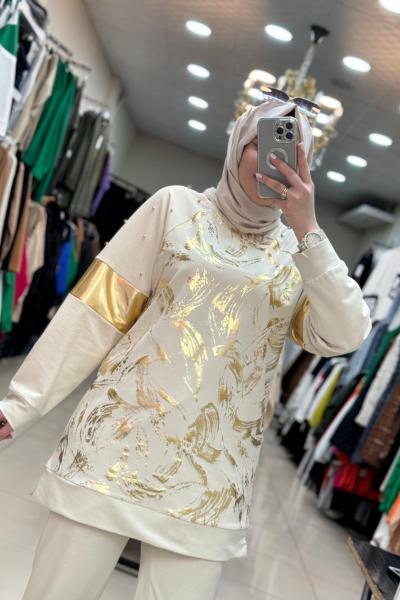 2935 Yaldızlı Boncuklu Tunik Krem Krem