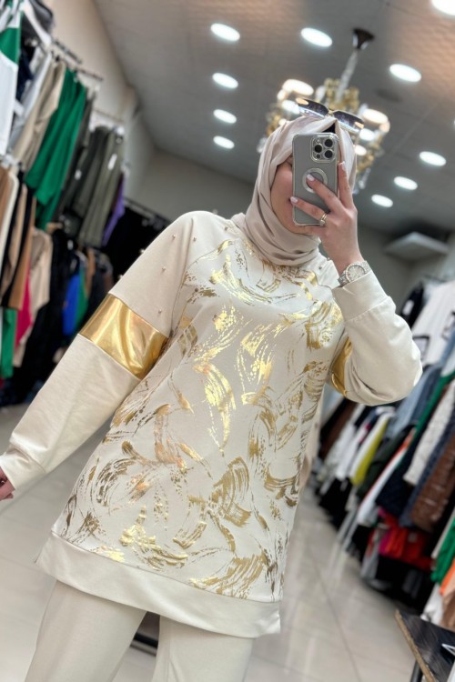 2935 Yaldızlı Boncuklu Tunik Krem Krem