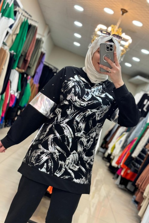 2935 Yaldızlı Boncuklu Tunik  Siyah