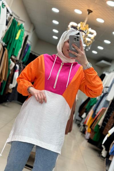 2936 Kapşonlu Fuşya-Turuncu Sweat Turuncu