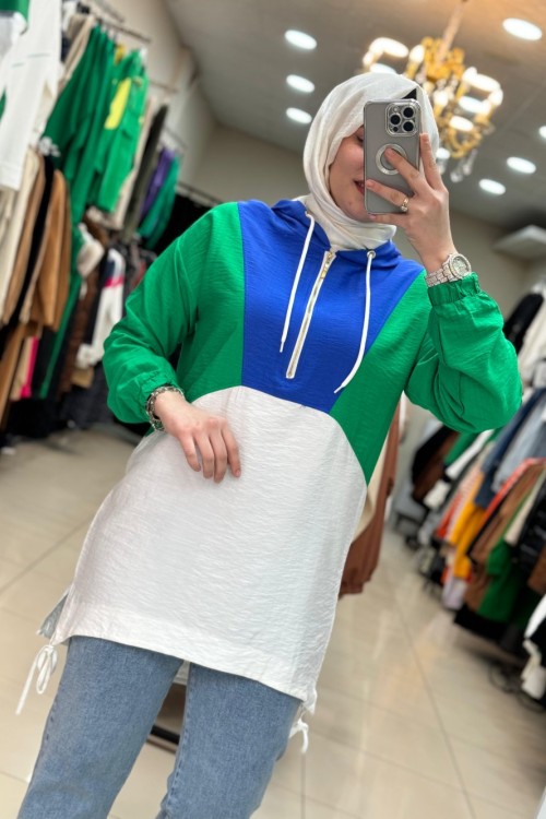 2936 Kapşonlu Mavi-Yeşil Sweat Yeşil