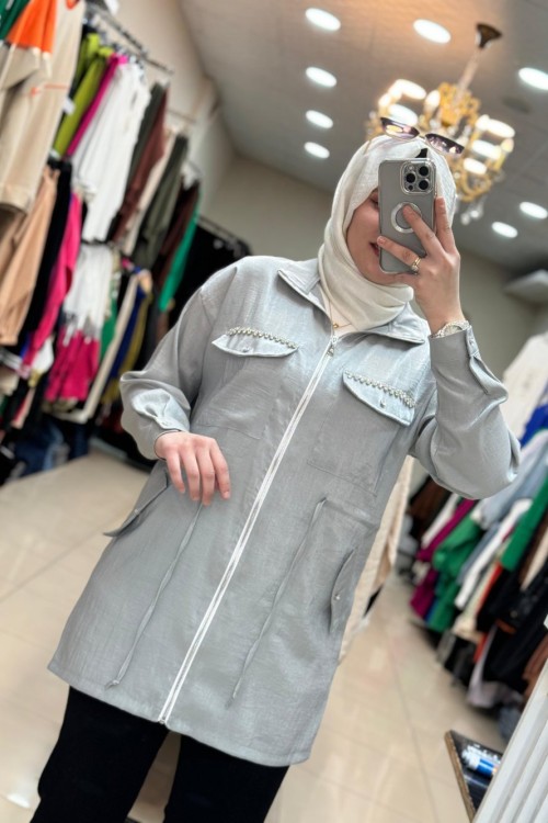 2947 Cebi İşlemeli Ceket Gri  Gri