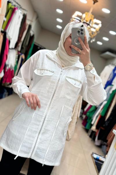 2947 Cebi İşlemeli Ceket Beyaz Beyaz