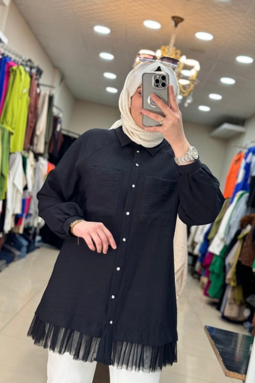 2960 Ucu Tüllü Gömlek Siyah Siyah