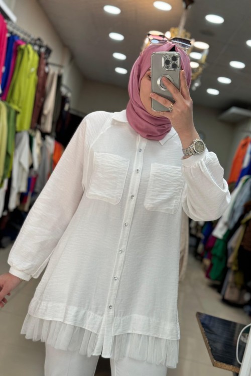 2960 Ucu Tüllü Gömlek Beyaz Beyaz