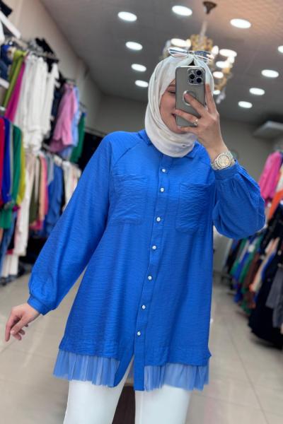 2960 Ucu Tüllü Gömlek Saks Mavisi