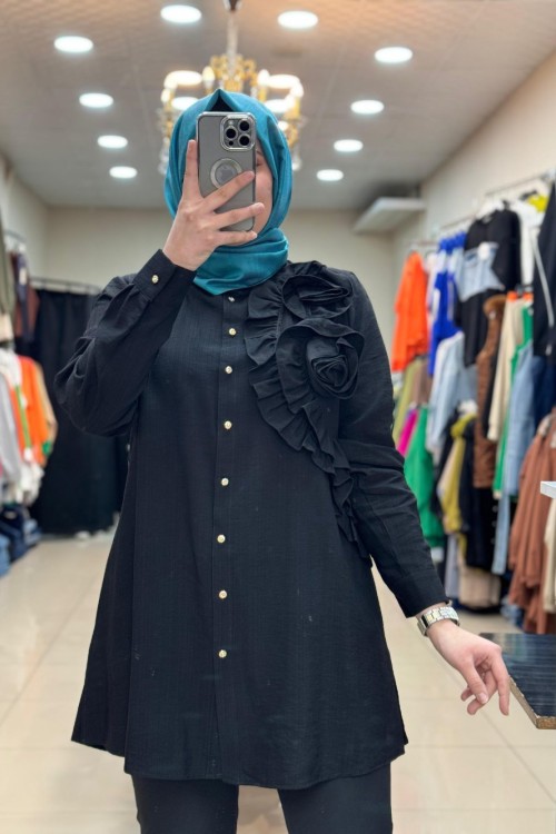 2972 Güllü Tunik Siyah Siyah