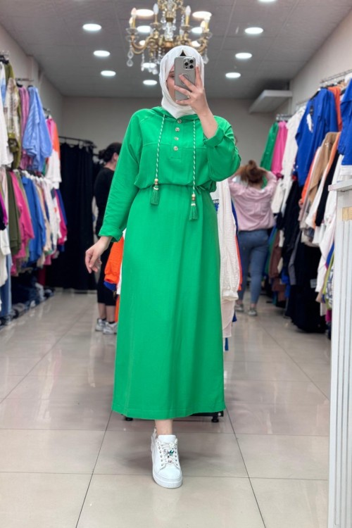 29772  KAPUŞONLU KETEN ELBİSE  Benetton Yeşil