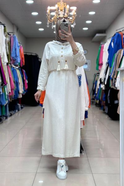 29772  KAPUŞONLU KETEN ELBİSE  Bej