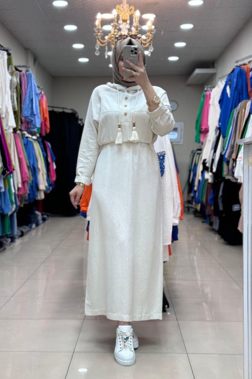 29772  KAPUŞONLU KETEN ELBİSE  Bej