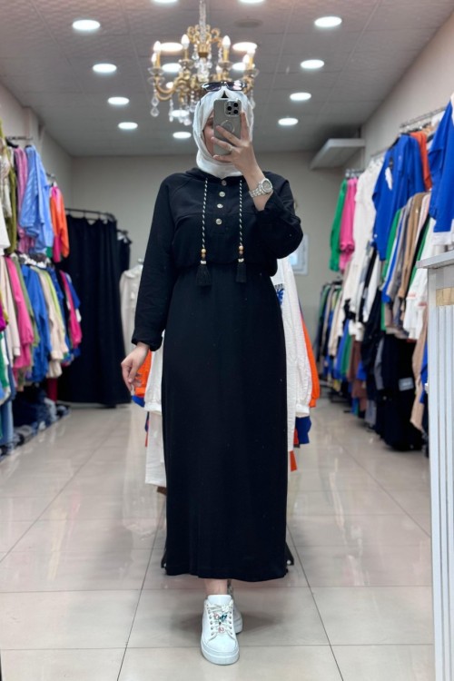 29772  KAPUŞONLU KETEN ELBİSE  Siyah