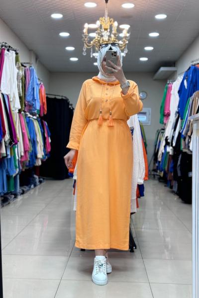 29772  KAPUŞONLU KETEN ELBİSE  Turuncu