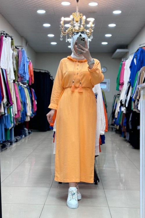 29772  KAPUŞONLU KETEN ELBİSE  Turuncu