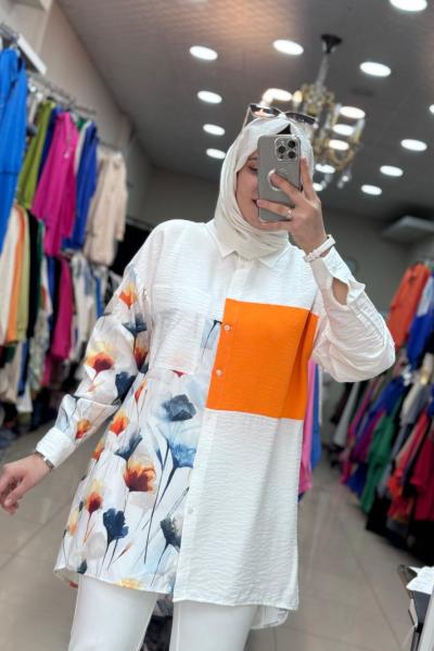 2978 Yanı Çiçekli Gömlek Turuncu  Turuncu