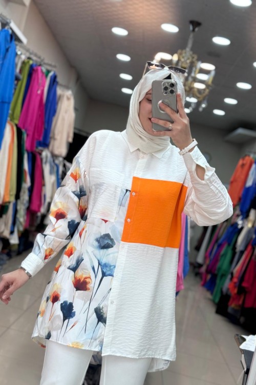 2978 Yanı Çiçekli Gömlek Turuncu  Turuncu