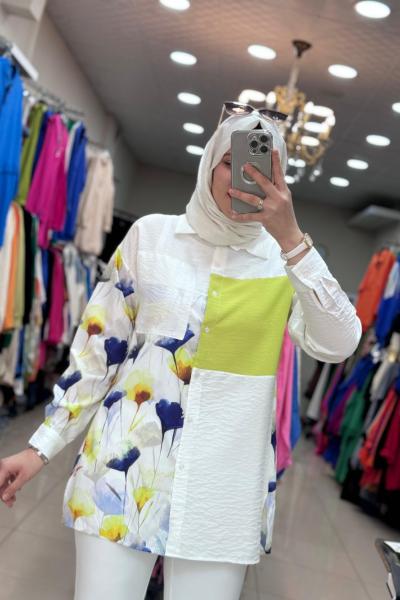 2978 Yanı Çiçekli Gömlek Yağ Yeşili  Yağ Yeşili