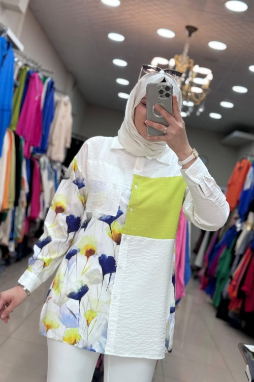 2978 Yanı Çiçekli Gömlek Yağ Yeşili  Yağ Yeşili