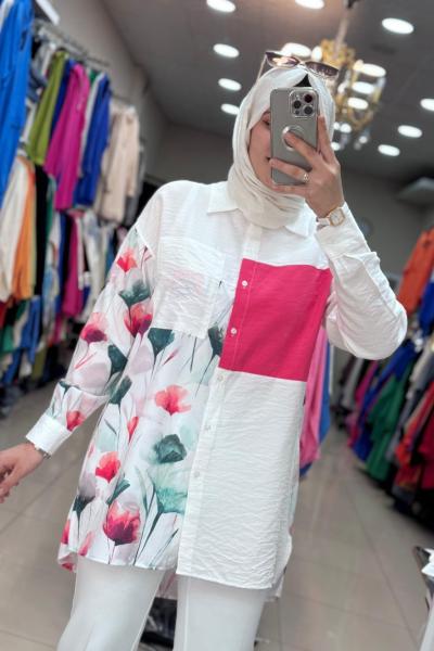 2978 Yanı Çiçekli Gömlek Pembe Pembe