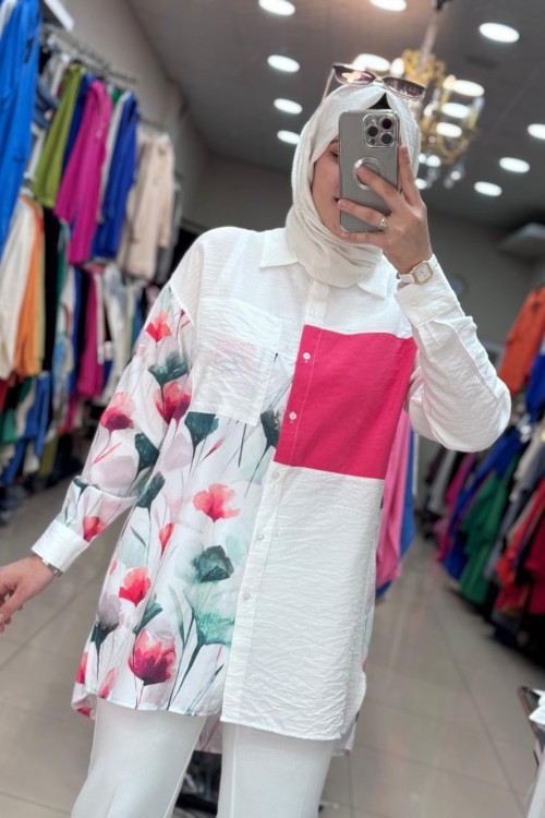 2978 Yanı Çiçekli Gömlek Pembe Pembe