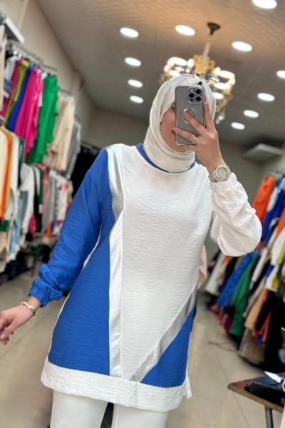 2984 Keten Tunik Mavi-Beyaz  Mavi