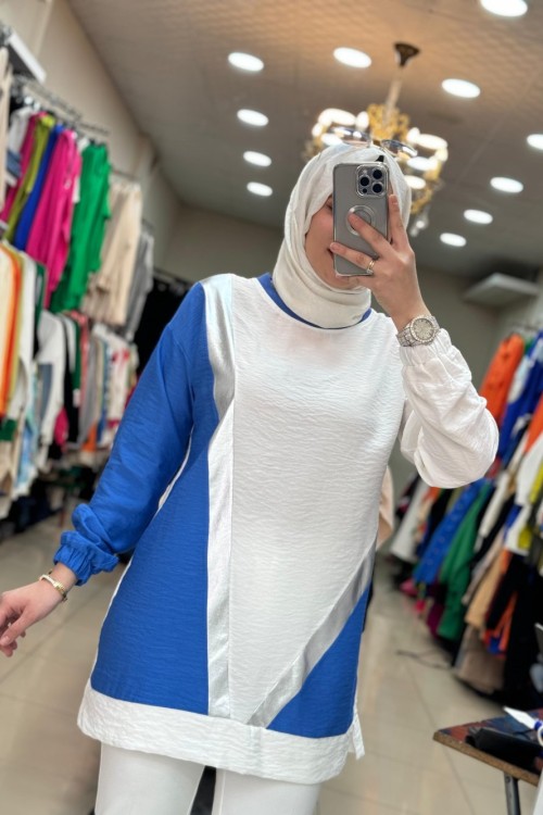 2984 Keten Tunik Mavi-Beyaz  Mavi