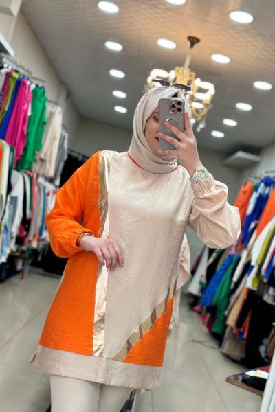 2984 Keten Tunik Turuncu-Krem  Turuncu