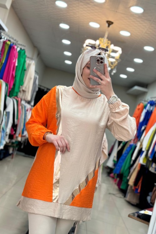 2984 Keten Tunik Turuncu-Krem  Turuncu