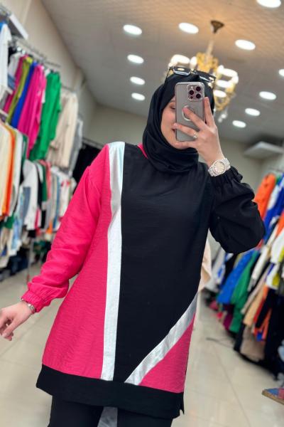 2984 Keten Tunik Pembe-Siyah Pembe