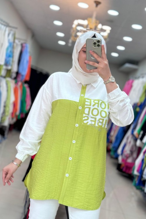 2991 MORE GOOD YAZILI GÖMLEK Yağ Yeşili