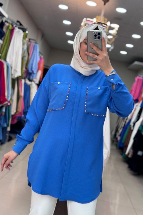 2992 CEBİ RENKLİ TAŞ İŞLEMELİ  Saks Mavisi