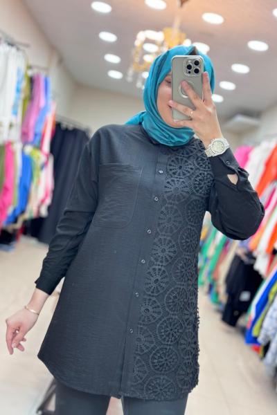 2994 TEK TARAFI DANTEL NAKIŞLI TUNİK  Siyah