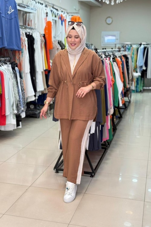 3023 GARNİLİ BEL BÜZGÜLÜ TAKIM Kahverengi Bej