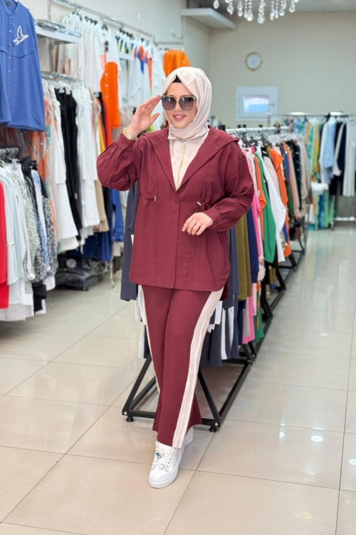 3023 GARNİLİ BEL BÜZGÜLÜ TAKIM Ekru Bordo