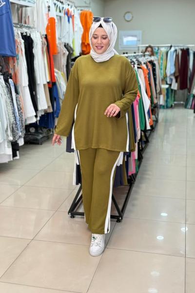 3049 YIRTMAÇLI KONTRAST GARNİ DETAYLI TAKIM Yağ Yeşili