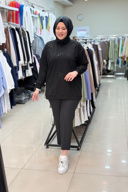 3052 YILDIZ MOTİFLİ SWEATSHIRT Siyah
