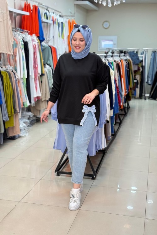 3054 KURDELE DETAYLI SWEATSHIRT Siyah
