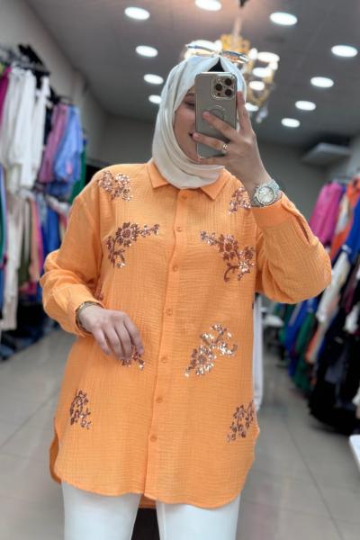 30561 PUL İŞLEMELİ MÜSLİN GÖMLEK  Turuncu