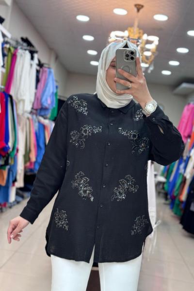 30561 PUL İŞLEMELİ MÜSLİN GÖMLEK  Siyah