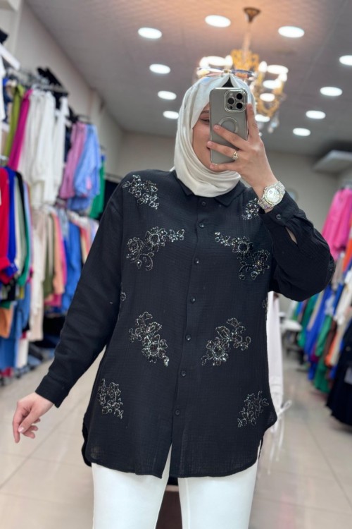 30561 PUL İŞLEMELİ MÜSLİN GÖMLEK  Siyah