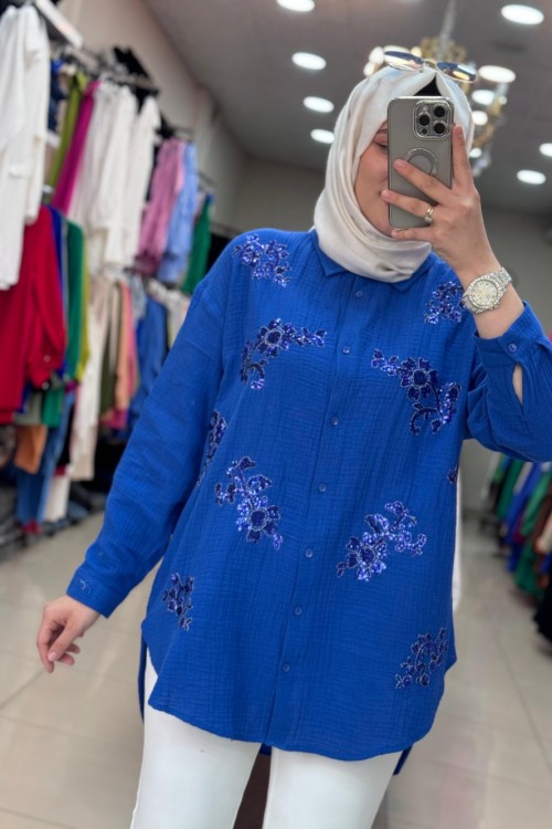 30561 PUL İŞLEMELİ MÜSLİN GÖMLEK  Mavi