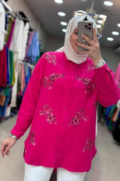 30561 PUL İŞLEMELİ MÜSLİN GÖMLEK  Pembe