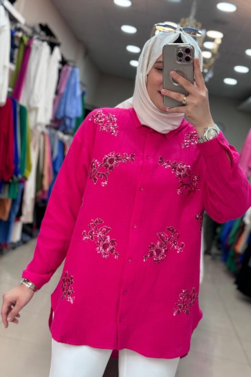 30561 PUL İŞLEMELİ MÜSLİN GÖMLEK  Pembe