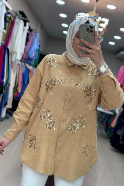 30561 PUL İŞLEMELİ MÜSLİN GÖMLEK  Camel