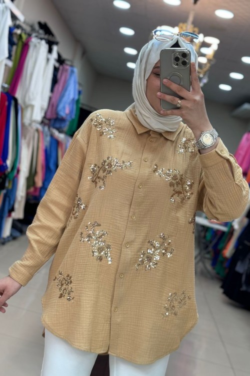 30561 PUL İŞLEMELİ MÜSLİN GÖMLEK  Camel