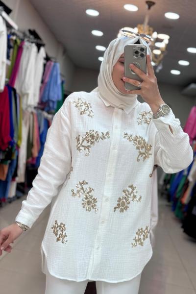 30561 PUL İŞLEMELİ MÜSLİN GÖMLEK  Ekru