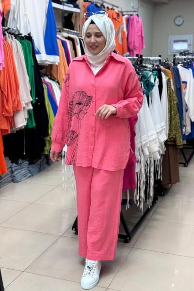 30574 BASKI VE TAŞ DETAYLI TAKIM  Pembe