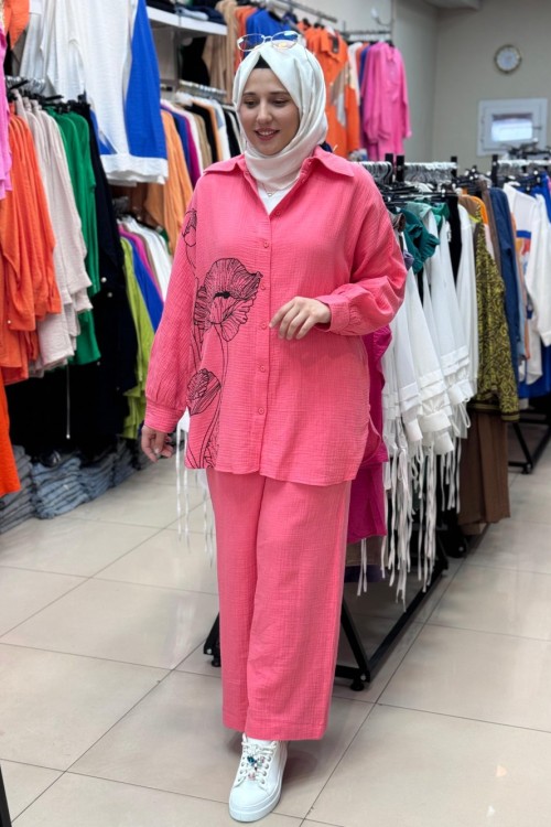 30574 BASKI VE TAŞ DETAYLI TAKIM  Pembe