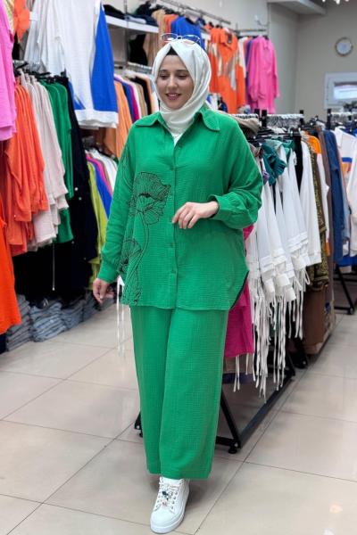 30574 BASKI VE TAŞ DETAYLI TAKIM  Yeşil